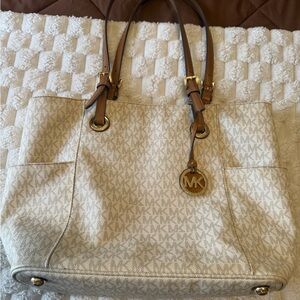 Michael Kors Beige Signature Tote with Brown Accents